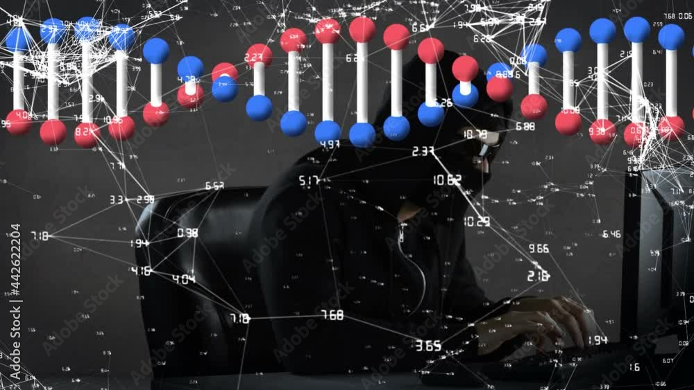 Poster animation of dna strand and network of data processing over hacker with laptop