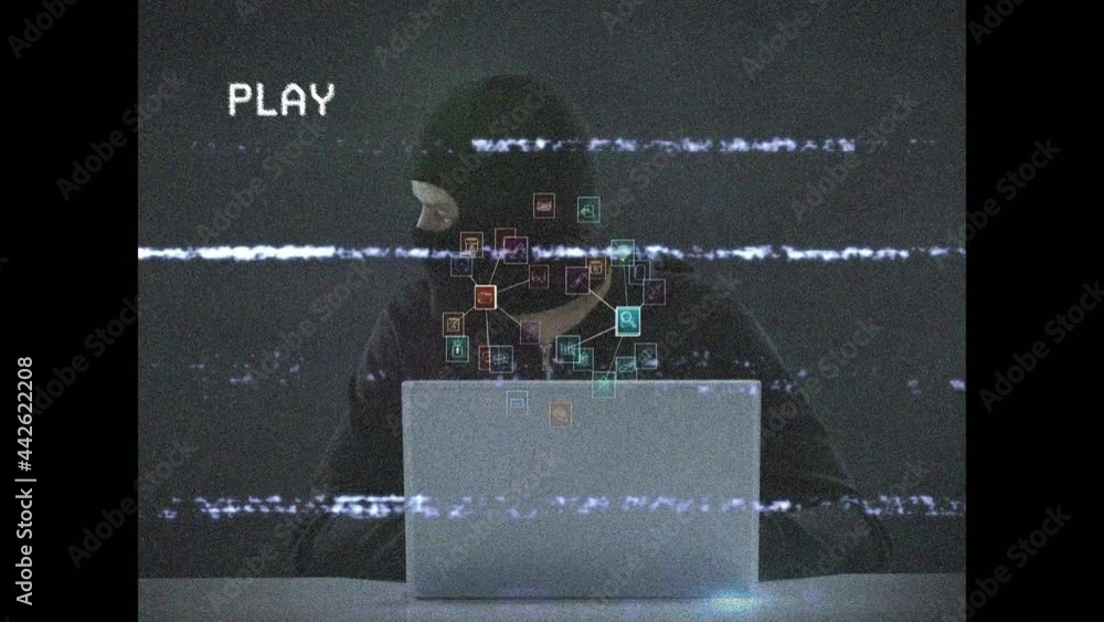 Poster animation of screen with play digital interface and data processing over hacker with laptop