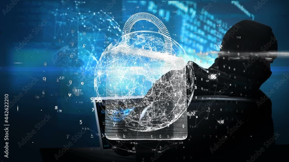 Poster animation of security padlock and data processing over computer hacker with laptop