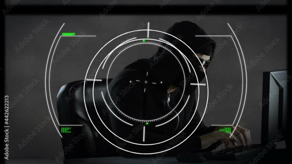 Poster animation of scope and data processing over hacker with laptop