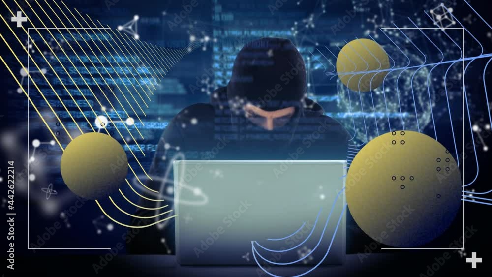 Poster animation of globes and data processing over hacker with laptop
