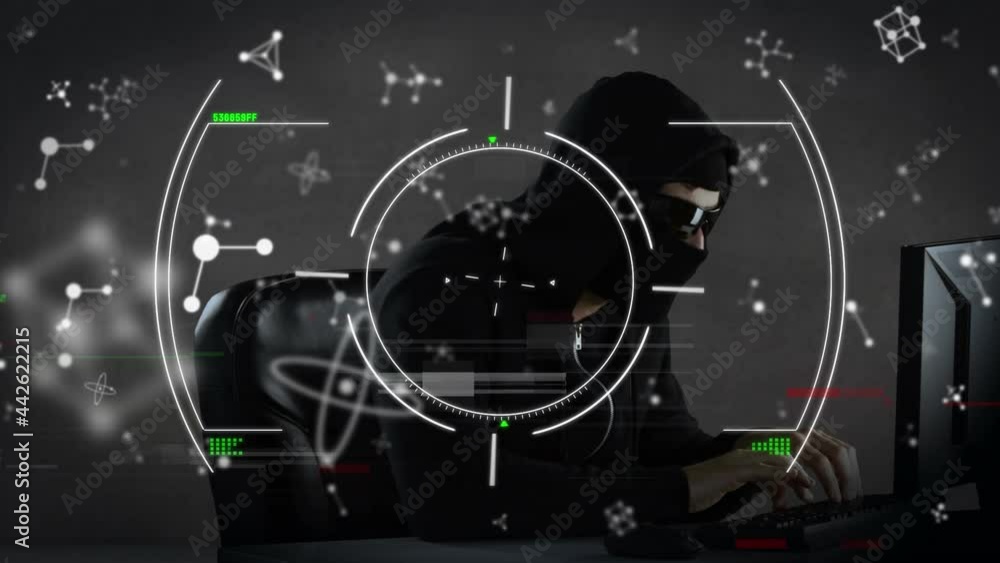 Poster animation of scope and molecules over hacker with laptop