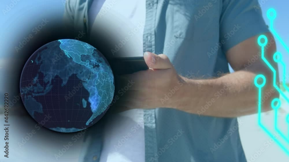 Poster animation of data processing and globe over man using smartphone