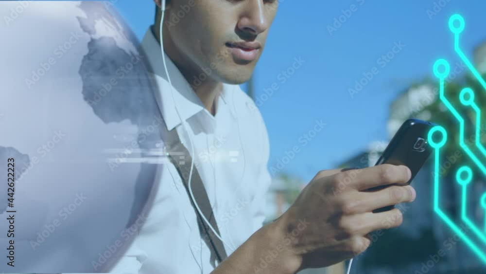 Poster animation of data processing and globe over man using smartphone