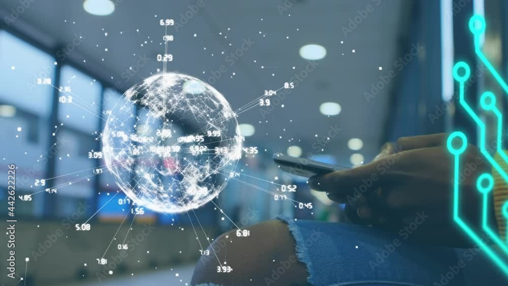 Poster animation of data processing and globe over man using smartphone