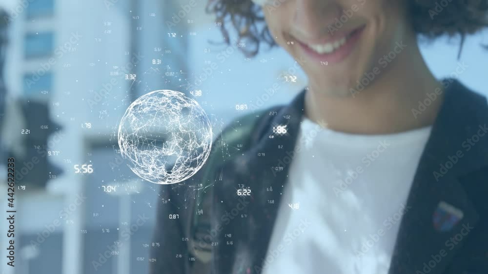 Aufkleber animation of data processing and globe over man using smartphone