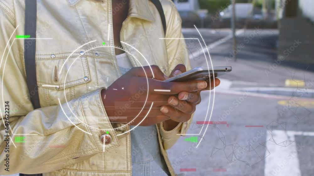 Poster animation of data processing and scope over woman using smartphone