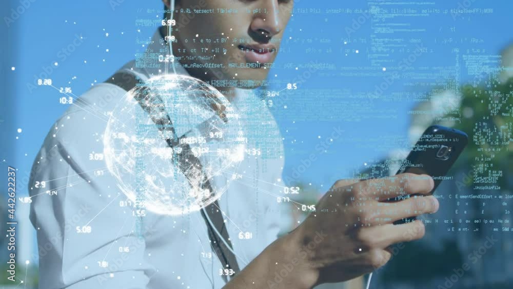 Poster animation of data processing and globe over man using smartphone
