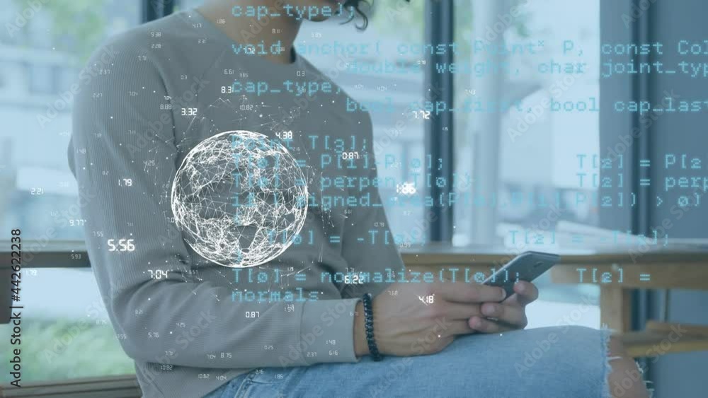 Aufkleber animation of data processing and globe over man using smartphone