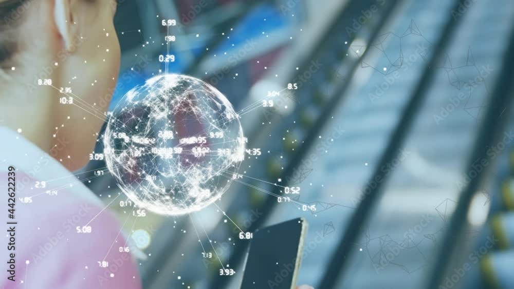 Poster animation of data processing and globe over woman using smartphone