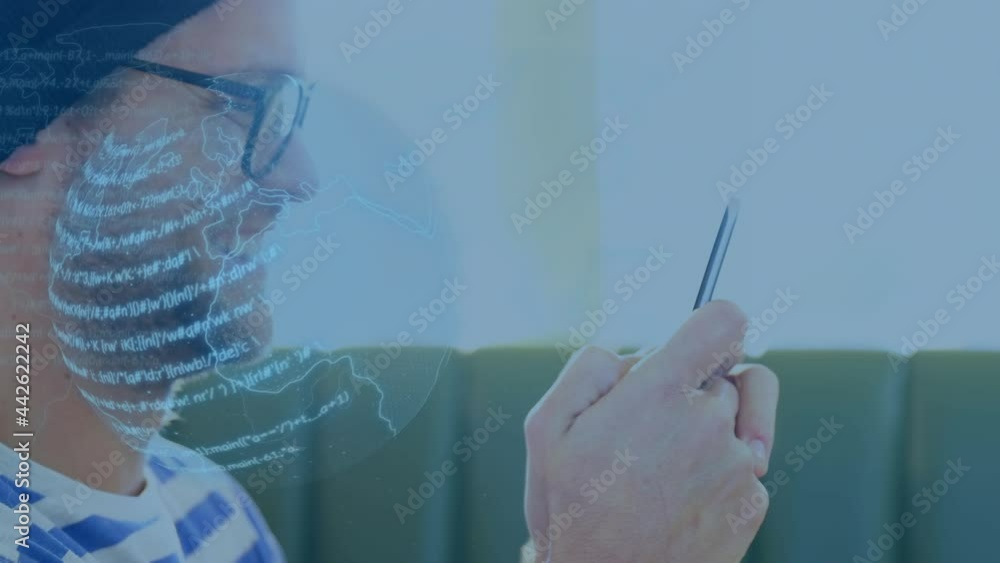Poster animation of data processing and globe over man using smartphone