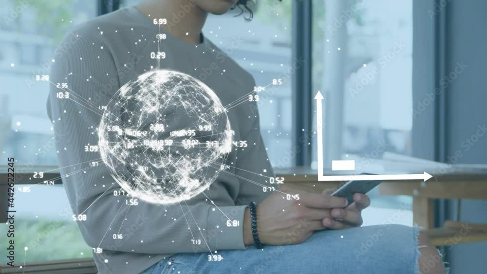 Aufkleber animation of data processing and globe over man using smartphone