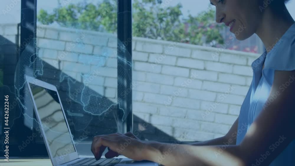 Poster animation of data processing and globe over woman using laptop