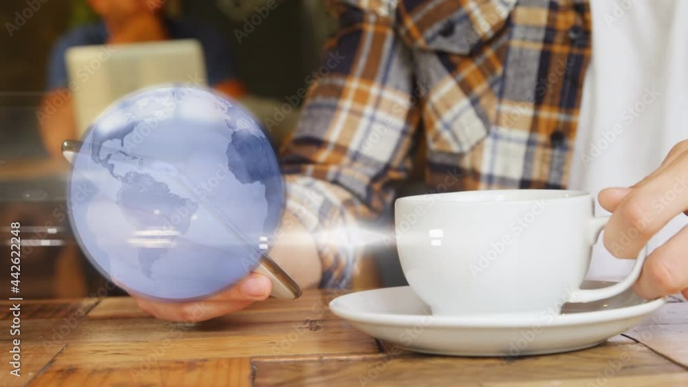 Poster animation of data processing and globe over man using smartphone
