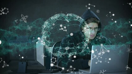 Animation of human brains, dna strand and molecules over hacker with laptop - Powered by Adobe