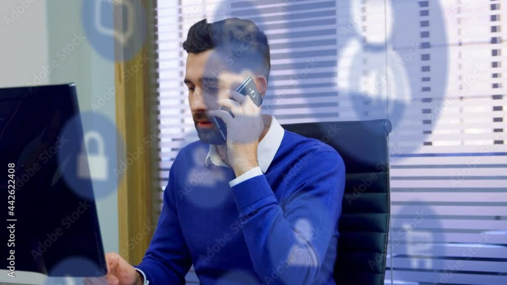 Poster animation of network of digital icons over businessman using smartphone
