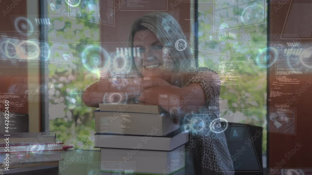 Poster animation of scope scanning and data processing over smiling female student