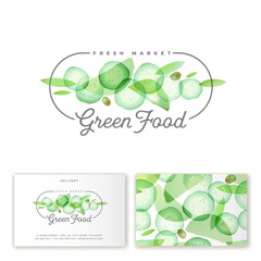 Green Food logo. Slices of cucumber and greens at watercolor style. 
Emblem for organic green-food restaurant, fresh vegan and vegetarian cuisine, fast delivery.