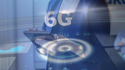 Animation of 6g text, scope scanning and data processing over businesswoman using tablet - Powered by Adobe