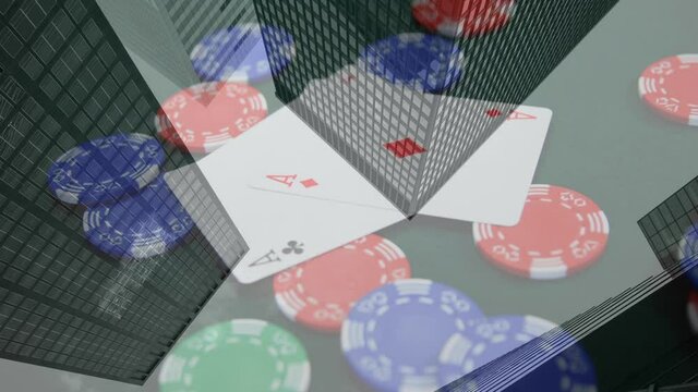 Animation of playing cards and chips on board over cityscape