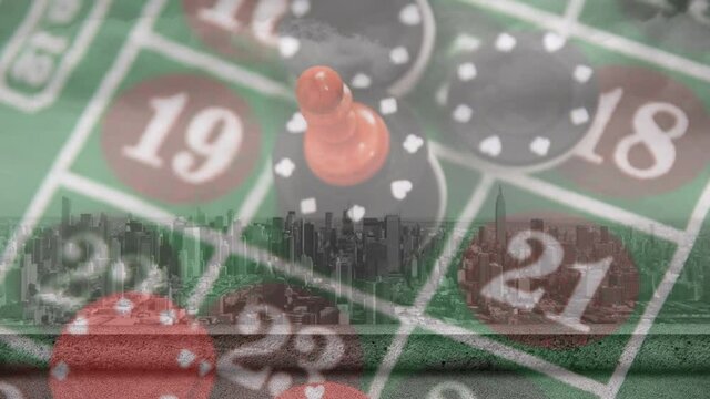 Animation of playing chips on board over cityscape