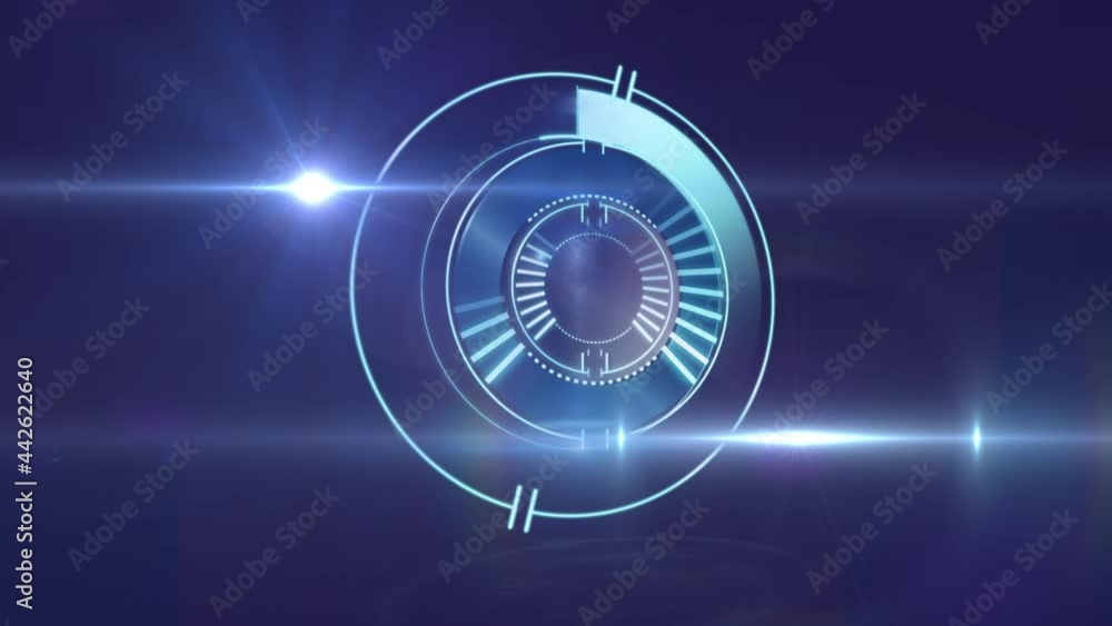 Poster animation of moving beams of light and circular safe lock rotating on dark background