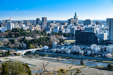 日本　春の仙台城址からの仙台市街眺望