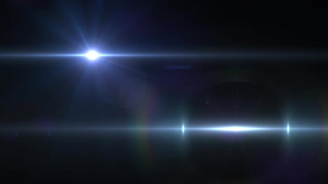 Animation of two beams of light and lens flare moving on black background