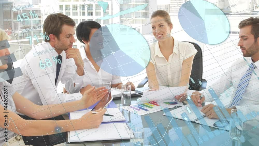 Poster animation of statistics and financial data processing over business meeting