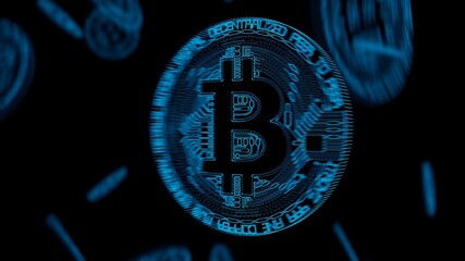 Bitcoin Cryptocurrency blue blur particles black background with depth of field horizontal	