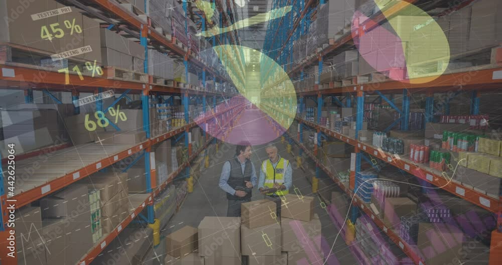 Poster animation of statistics processing over men working in warehouse