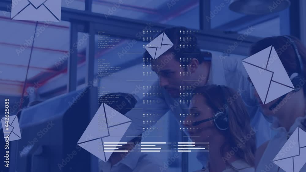 Aufkleber animation of data processing and mail envelope icons over business people using phone headsets