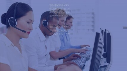 Animation of binary coding and data processing over business people using phone headsets - Powered by Adobe