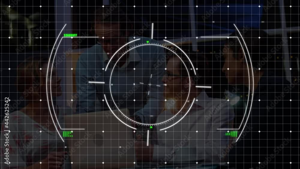 Poster animation of scope scanning and data processing over business people
