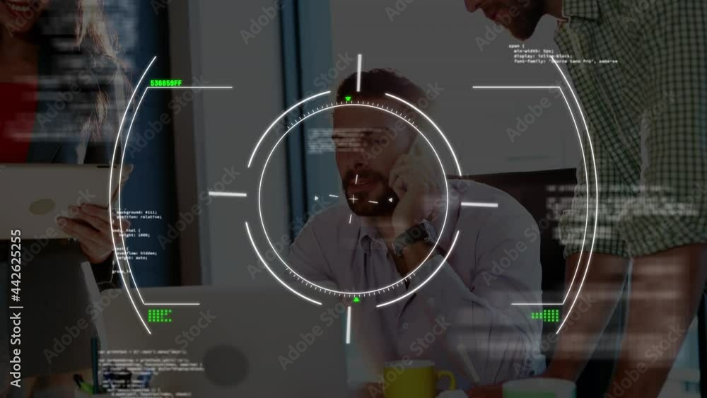 Poster animation of scope scanning and data processing over businessman talking on smartphone