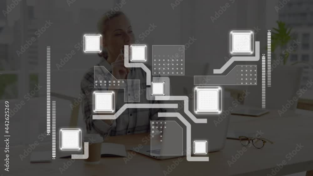 Aufkleber animation of network of connection and data processing over businesswoman using computer