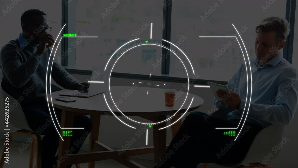 Aufkleber animation of scope scanning and data processing over businessmen using laptop