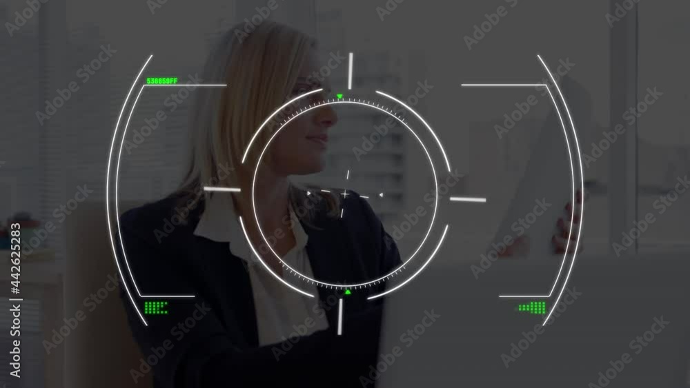 Poster animation of scope scanning and data processing over businesswoman using tablet