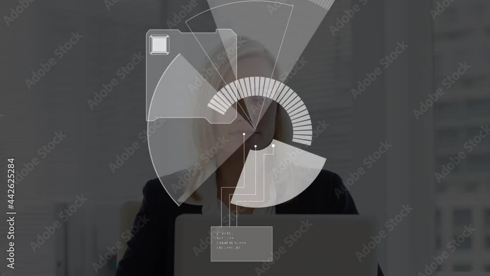 Poster animation of scope scanning and data processing over businesswoman using laptop
