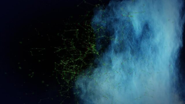 Animation of blue and yellow powder falling, on black background