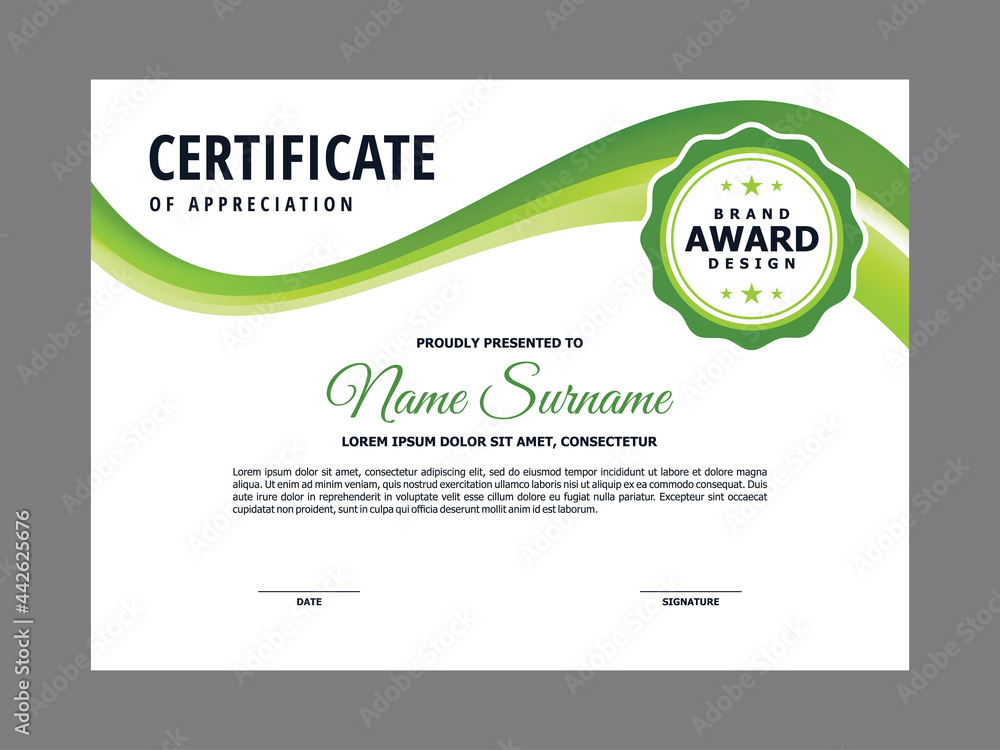 Poster certificate template with green wavy element design, green flowing certificate layout vector