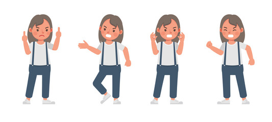 Set of children character vector design. Girl wear red shirt and blue trousers. Presentation in various action with emotions. angry upset kids.