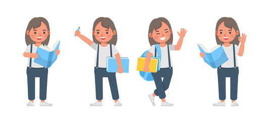 Set of children character vector design. Girl wear red shirt and blue trousers. Presentation in various action with emotions. kids going to school.
