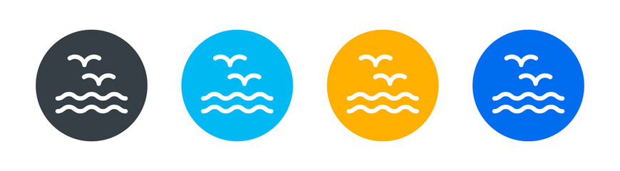 Sea with waves and seagull vector icon. Birds flying over the water for summer concept. Ocean symbol