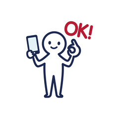右手にスマホを持ち、左手でオーケーマークを出している白いデフォルメした人間のイラスト