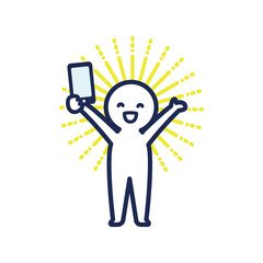 右手にスマホを持ち、笑顔で万歳をしている白いデフォルメした人間のイラスト