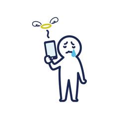 右手に壊れてしまったスマホを持ち、悲しんでいる白いデフォルメした人間のイラスト