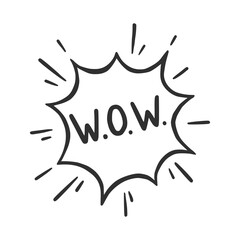 Hand drawn cloud speech bubble element with wow text. Comic doodle sketch style. Explosion cloud icon. Isolated vector illustration.