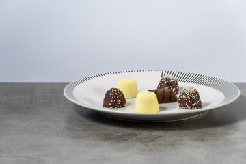 Different chocolate bonbons on a plate on gray surface and white background