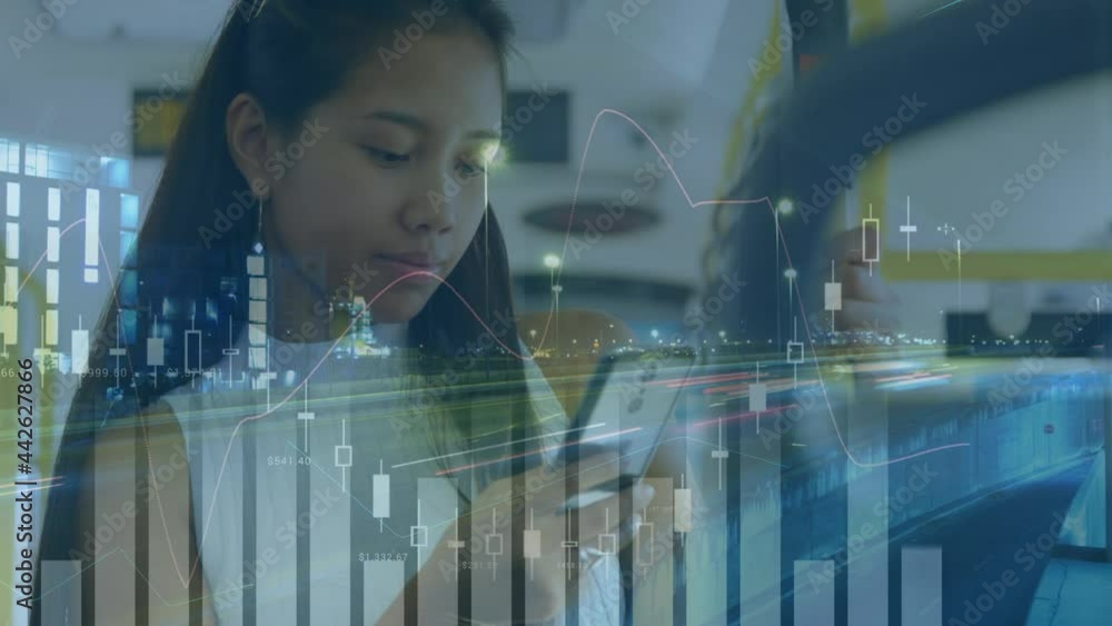 Poster animation of statistics and data processing over woman using smartphone